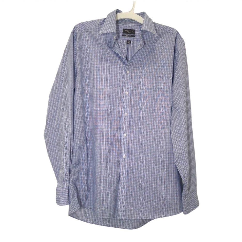 DOCKERS Collar Button Up Iron Free Fitted 15/15-34/35 Blue Dress Shirt